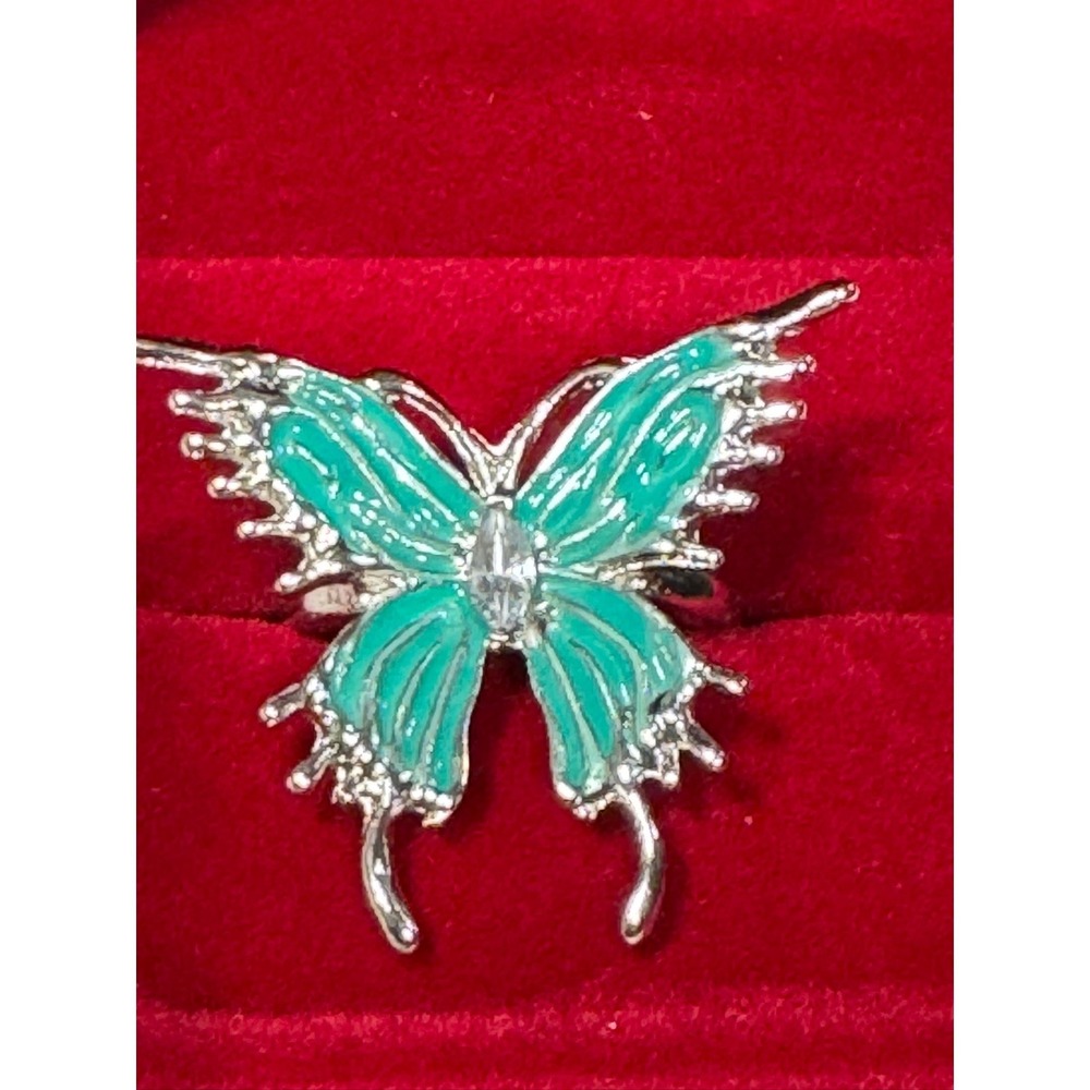 Teal Enamel Butterfly Statement Ring Silver Tone Marquise Crystal Size 6.25‎